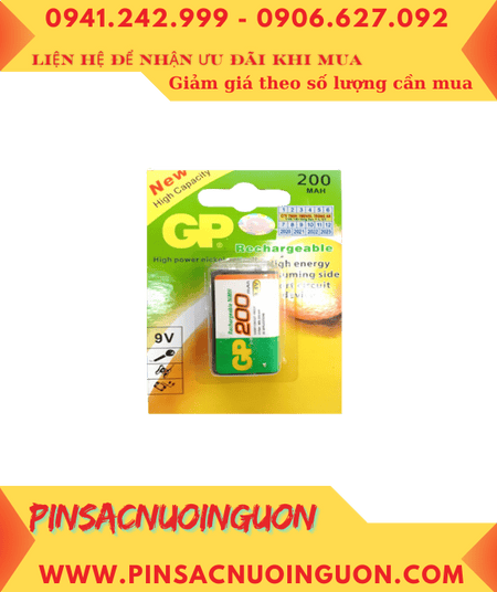Pin GP 9V200mAh, 6HR61; Pin sạc 9v GP 9V200mAh, 6HR61 (200mAh) chính hãng (Loại vỉ 1viên)