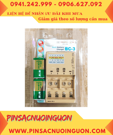 Bộ sạc pin 9v Super BC-3 kèm sẳn 2 pin sạc Delipow 9v230mAh; Bộ sạc pin vuông 9v
