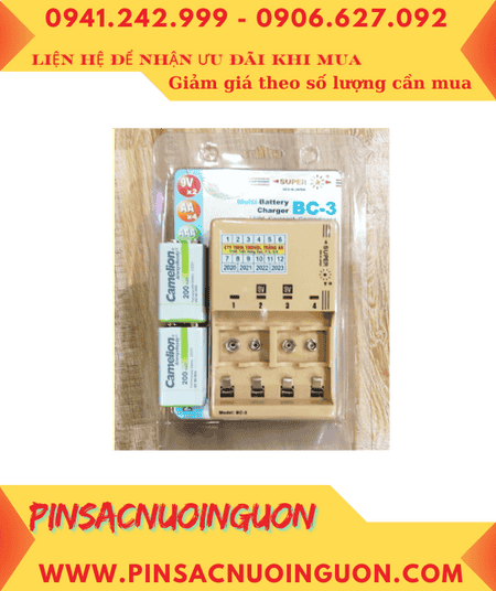 Super BC-3 _Bộ sạc pin 9v Super BC-3 kèm sẳn 2 pin sạc 9v Camelion NH-9v200ARBP1 (9v 200mAh) Vỏ màu trắng