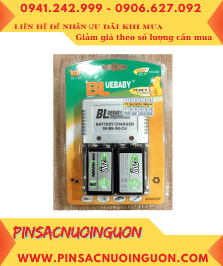 BlueBaby BL-5; Bộ sạc pin 9v BlueBaby BL-5 kèm 2 pin sạc Ansman 9v 200mAh chính hãng