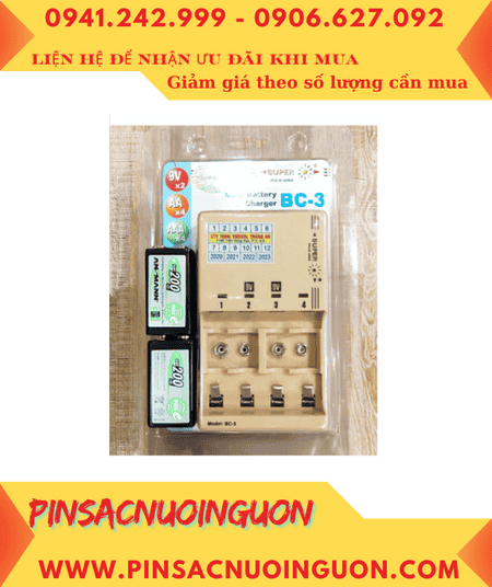 Super BC-3 _Bộ sạc pin Super BC-3 kèm 2 pin sạc 9v Ansman MaxE E200 (9v 200mAh) chính hãng